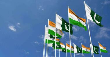 Pakistan and India Flags Waving Together in the Sky, Seamless Loop in Wind, Space on Left Side for Design or Information, 3D Rendering video