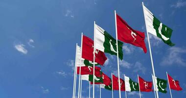 Pakistan and Isle of Man Flags Waving Together in the Sky, Seamless Loop in Wind, Space on Left Side for Design or Information, 3D Rendering video