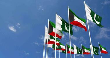 Pakistan and Kuwait Flags Waving Together in the Sky, Seamless Loop in Wind, Space on Left Side for Design or Information, 3D Rendering video