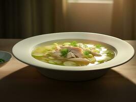 AI generated Chicken soup on a plate photo