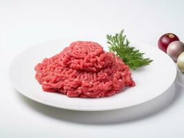 AI generated minced meat on a white plate photo