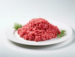 AI generated minced meat on a white plate photo