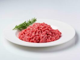 AI generated minced meat on a white plate photo