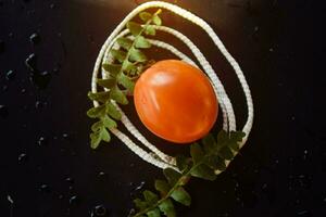 Tomatoe and leaf on black background photo