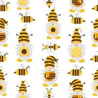 Vector seamless pattern with flying cartoon bees and gnomes on white background. Illustration for magazine, book, poster, card, web pages.