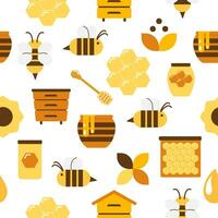 Vector seamless pattern with flying cartoon bees, honey, honeycomb, beehive, flowers on white background.