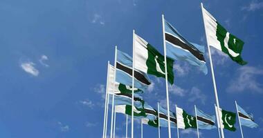 pakistan och botswana flaggor vinka tillsammans i de himmel, sömlös slinga i vind, Plats på vänster sida för design eller information, 3d tolkning video