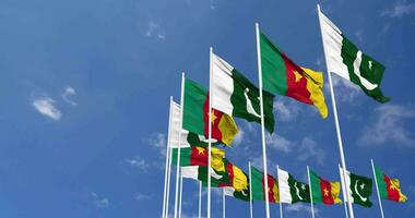 Pakistan and Cameroon Flags Waving Together in the Sky, Seamless Loop in Wind, Space on Left Side for Design or Information, 3D Rendering video