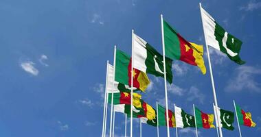 Pakistan and Cameroon Flags Waving Together in the Sky, Seamless Loop in Wind, Space on Left Side for Design or Information, 3D Rendering video