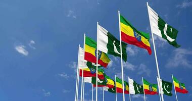 Pakistan and Ethiopia Flags Waving Together in the Sky, Seamless Loop in Wind, Space on Left Side for Design or Information, 3D Rendering video