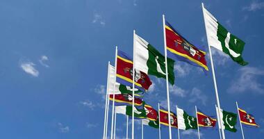 Pakistan and Eswatini Flags Waving Together in the Sky, Seamless Loop in Wind, Space on Left Side for Design or Information, 3D Rendering video