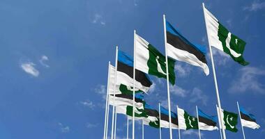 Pakistan and Estonia Flags Waving Together in the Sky, Seamless Loop in Wind, Space on Left Side for Design or Information, 3D Rendering video