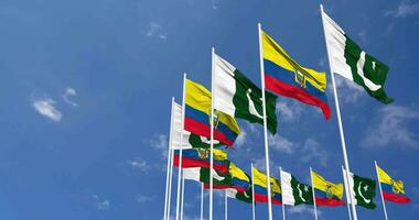 Pakistan and Ecuador Flags Waving Together in the Sky, Seamless Loop in Wind, Space on Left Side for Design or Information, 3D Rendering video