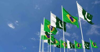 pakistan och Brasilien flaggor vinka tillsammans i de himmel, sömlös slinga i vind, Plats på vänster sida för design eller information, 3d tolkning video