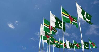 Pakistan and Dominica Flags Waving Together in the Sky, Seamless Loop in Wind, Space on Left Side for Design or Information, 3D Rendering video