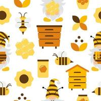 Vector seamless pattern with flying cartoon bees and gnomes honey, honeycomb, beehive, flowers on white background.