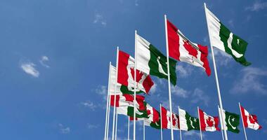 Pakistán y Canadá banderas ondulación juntos en el cielo, sin costura lazo en viento, espacio en izquierda lado para diseño o información, 3d representación video
