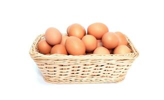 fresh organic chicken eggs. on brown basket, photo