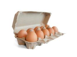 Open box with fresh brown eggs isolated on white background, clipping path. Fresh organic chicken eggs in carton box. photo