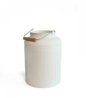 white bucket empty home gardening bucket. milk can with handle, isolated on a white background. photo