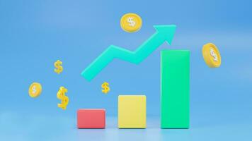 3d bar chart money saving illustration with colored bars and increasing arrow with multiple arrangements of coins. bundles cash. 3d rendering. photo