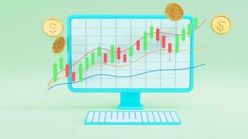 trading platform by 3d Computer and coin on green background use for banner, investment growth trading stock market. Cryptocurrency, graft candlestick chart, financial,. 3D rendering, illustration photo