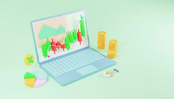 3D online stock trading with laptop. funding business graph on computer with money coin. Investment trading in the stock market. 3d rendering illustration photo