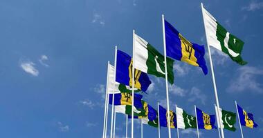 Pakistan and Barbados Flags Waving Together in the Sky, Seamless Loop in Wind, Space on Left Side for Design or Information, 3D Rendering video