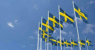 Sweden Flags Waving in the Sky, Seamless Loop in Wind, Space on Left Side for Design or Information, 3D Rendering video