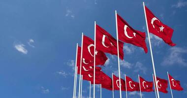 Turkey Flags Waving in the Sky, Seamless Loop in Wind, Space on Left Side for Design or Information, 3D Rendering video