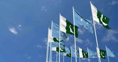 Pakistan and Federated States of Micronesia Flags Waving Together in the Sky, Seamless Loop in Wind, Space on Left Side for Design or Information, 3D Rendering video