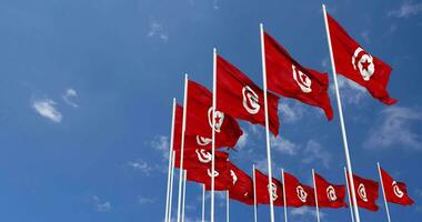 Tunisia Flags Waving in the Sky, Seamless Loop in Wind, Space on Left Side for Design or Information, 3D Rendering video