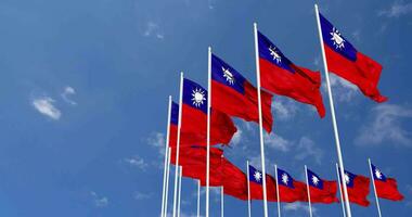 Taiwan Flags Waving in the Sky, Seamless Loop in Wind, Space on Left Side for Design or Information, 3D Rendering video