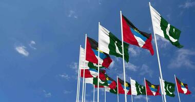 Pakistán y antigua y barbuda banderas ondulación juntos en el cielo, sin costura lazo en viento, espacio en izquierda lado para diseño o información, 3d representación video