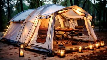 AI generated Camping tent with burning candles in the forest at night time. photo