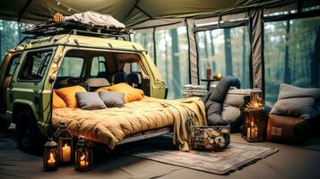 AI generated Camping in the woods with a camper van and a bed. photo