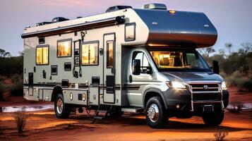 ai generado camper coche en el desierto. de viaje en motor hogar. foto