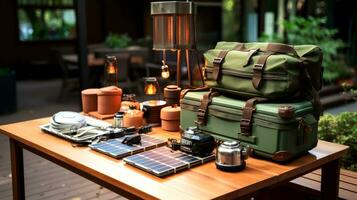 AI generated Hiking equipment on a wooden table in the forest. Travel concept. photo