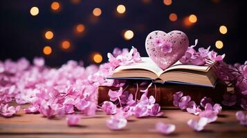 AI generated Heart-shaped box with beautiful flowers on dark background. Space for text. photo