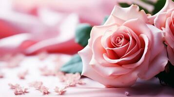 AI generated Two parrots on a branch with pink flowers in the background. Valentine's Day. photo