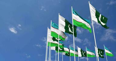 Pakistan and Uzbekistan Flags Waving Together in the Sky, Seamless Loop in Wind, Space on Left Side for Design or Information, 3D Rendering video