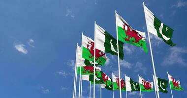 Pakistan and Wales Flags Waving Together in the Sky, Seamless Loop in Wind, Space on Left Side for Design or Information, 3D Rendering video