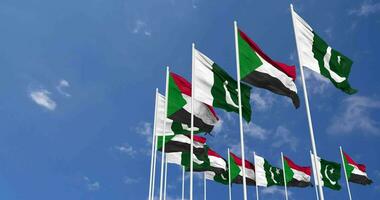 Pakistan and South Sudan Flags Waving Together in the Sky, Seamless Loop in Wind, Space on Left Side for Design or Information, 3D Rendering video