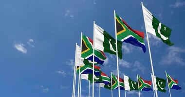 Pakistan and South Africa Flags Waving Together in the Sky, Seamless Loop in Wind, Space on Left Side for Design or Information, 3D Rendering video