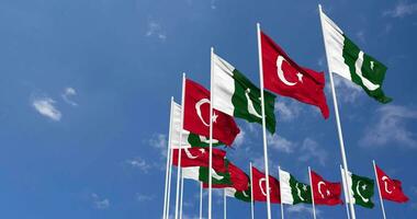 Pakistan and Turkey Flags Waving Together in the Sky, Seamless Loop in Wind, Space on Left Side for Design or Information, 3D Rendering video