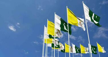 Pakistan and Vatican City Flags Waving Together in the Sky, Seamless Loop in Wind, Space on Left Side for Design or Information, 3D Rendering video