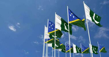 Pakistan and Solomon Islands Flags Waving Together in the Sky, Seamless Loop in Wind, Space on Left Side for Design or Information, 3D Rendering video