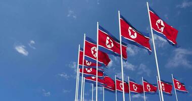 North Korea Flags Waving in the Sky, Seamless Loop in Wind, Space on Left Side for Design or Information, 3D Rendering video