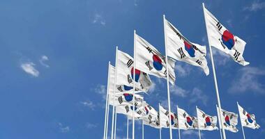 South Korea Flags Waving in the Sky, Seamless Loop in Wind, Space on Left Side for Design or Information, 3D Rendering video