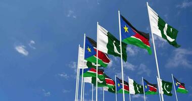 Pakistan and South Sudan Flags Waving Together in the Sky, Seamless Loop in Wind, Space on Left Side for Design or Information, 3D Rendering video